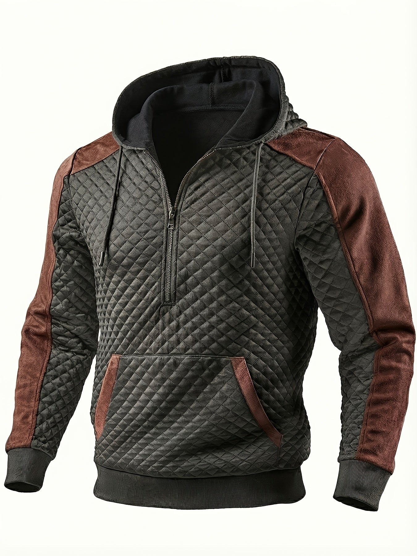 Men's quilted hoodie with half-zip and hood