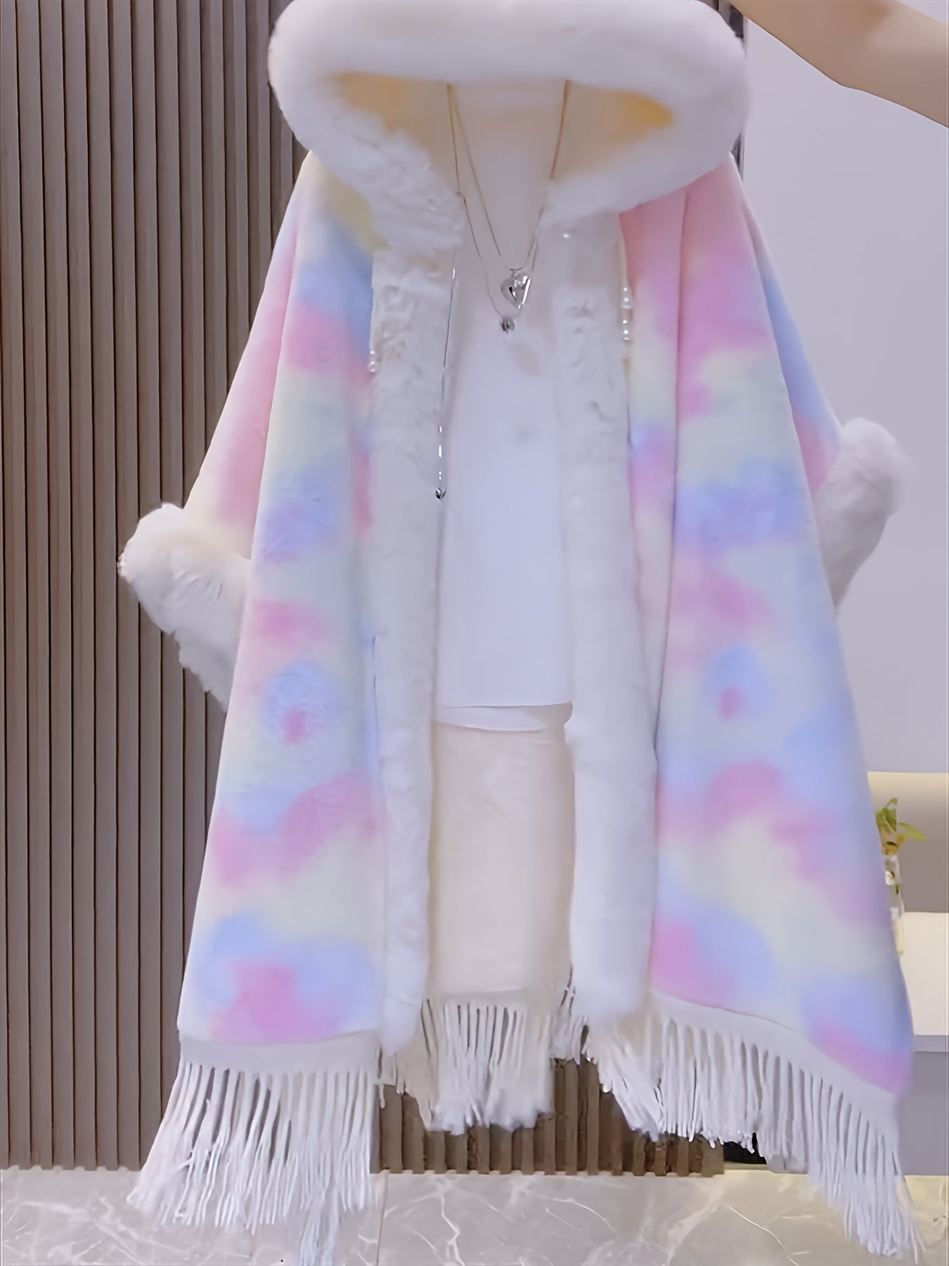 Colorful poncho cape with hood and fringes – fluffy cover-up cape