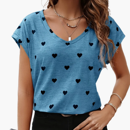 Women's T-Shirt with Heart Pattern, V-Neck, Casual and Elegant for Summer