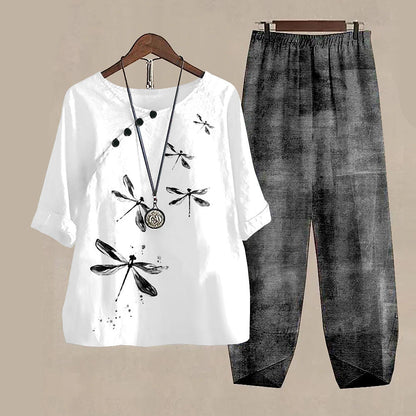 Women's casual set in Japanese style with dragonfly print – two-piece, comfortable for everyday & travel