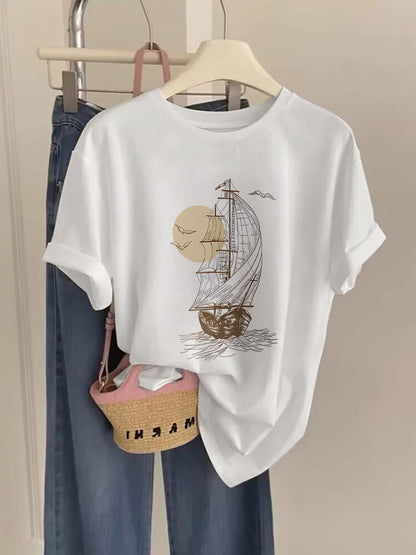 Women's T-Shirt with Vintage Sailing Ship Print – Maritime Casual Style