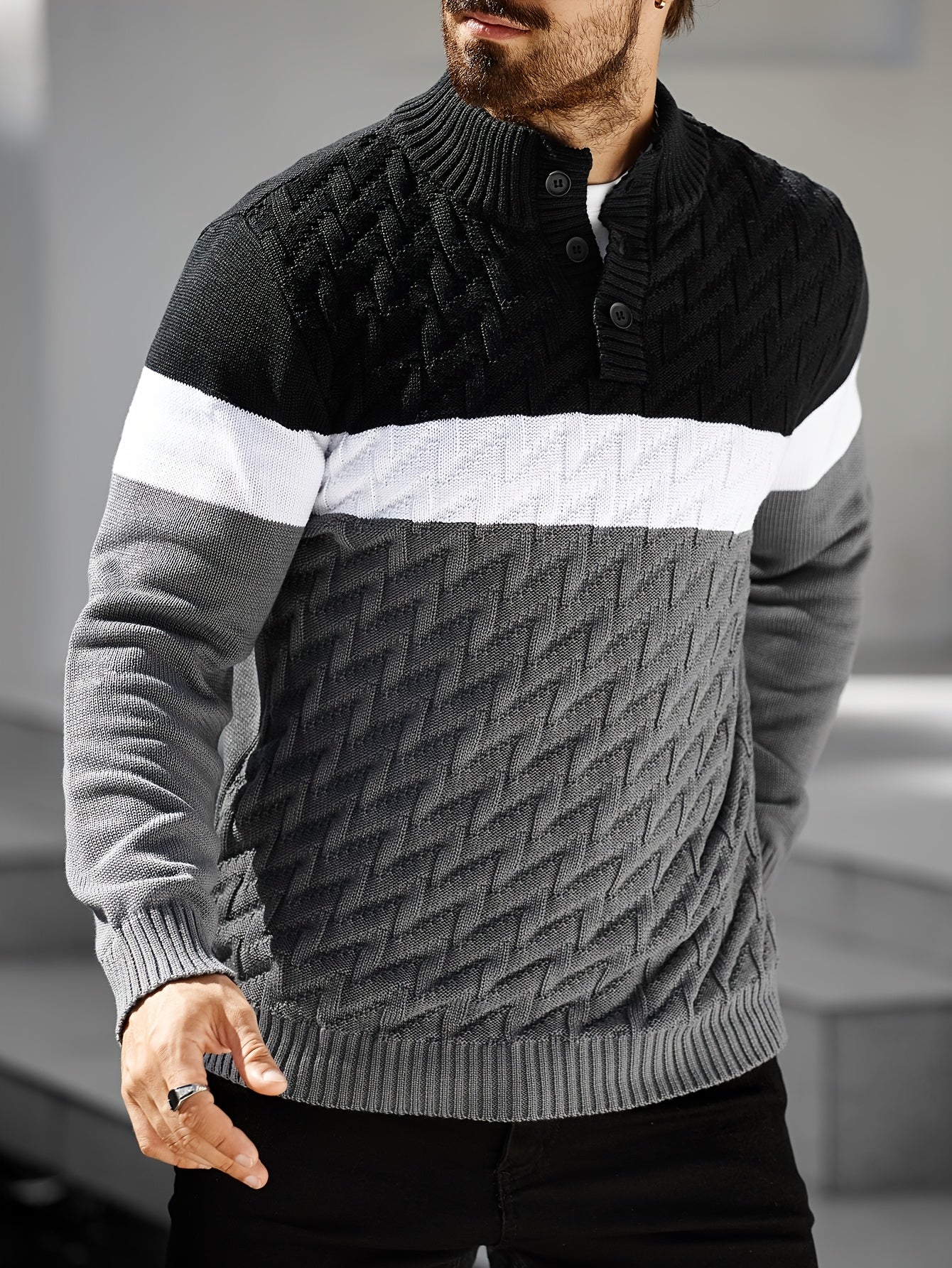 Herren Grobstrick Pullover mit Stehkragen & Knopfleiste, Farbblock-Design, Langarm