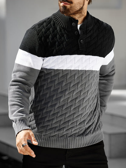 Herren Grobstrick Pullover mit Stehkragen & Knopfleiste, Farbblock-Design, Langarm
