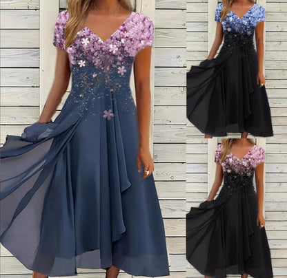 Damen Elegantes Chiffon Midikleid mit Blumenmuster und A-Linie für besondere Anlässe