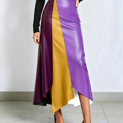 Color-block midi skirt with an asymmetrical faux-leather hem