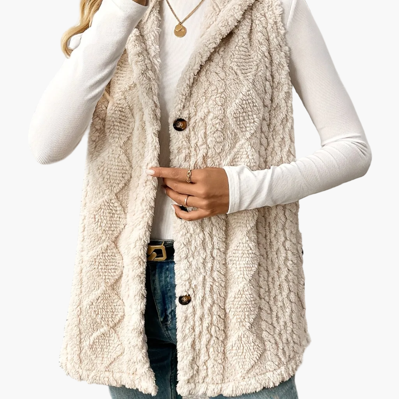 Women's knitted vest with hood and buttons – Elegant casual vest for autumn and winter