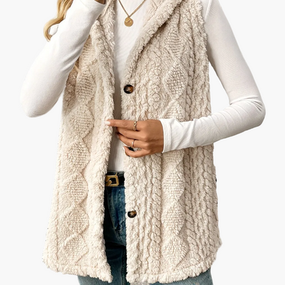 Women's knitted vest with hood and buttons – Elegant casual vest for autumn and winter