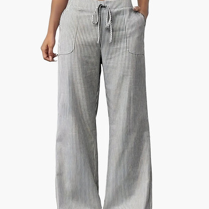 Women's Wide-Leg Casual Pants with Stripes and Drawstring – Relaxed Streetwear for Everyday and Weekend