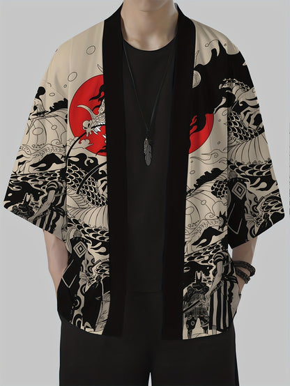 Men's Kimono Cardigan with Japanese Dragon Print – Streetwear Style, Open Jacket for Leisure and Everyday Wear