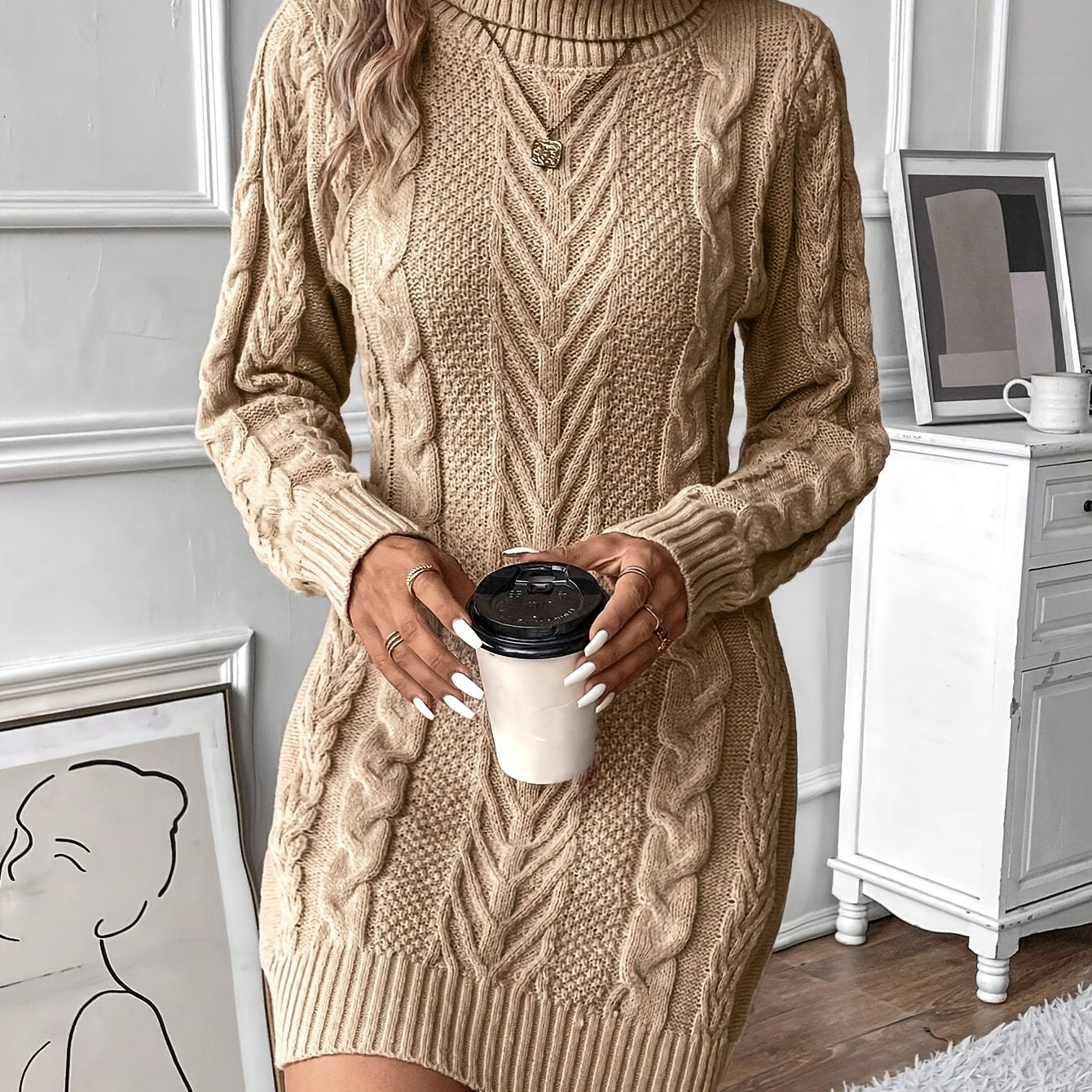 Strickkleid Damen Rollkragen Zopfmuster Langarm