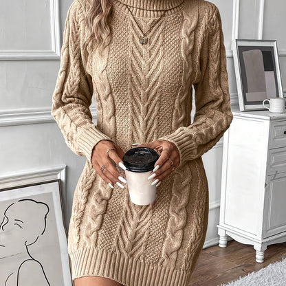 Strickkleid Damen Rollkragen Zopfmuster Langarm