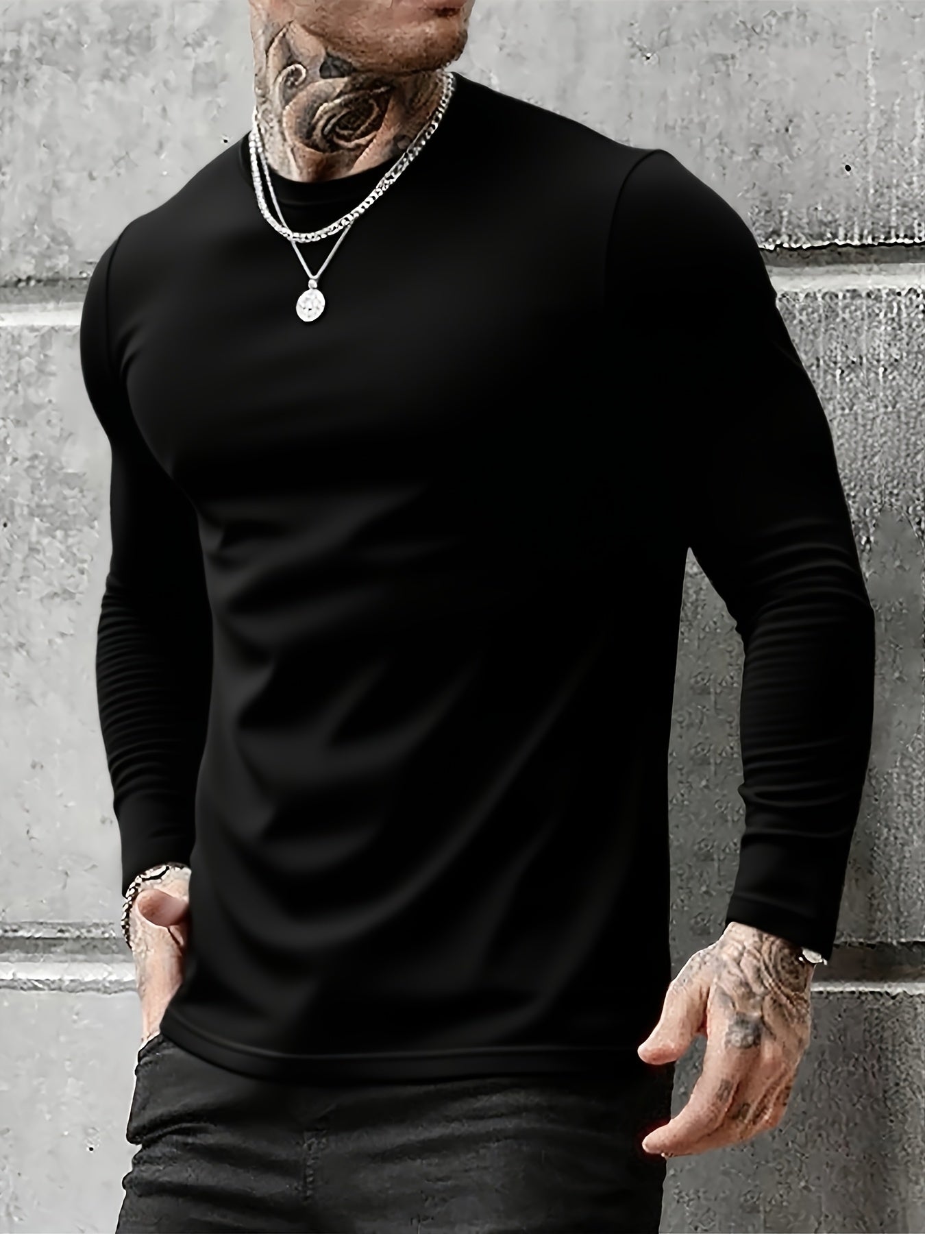 Herren Langarmshirt Rundhals 3er-Pack in Schwarz, Grau und Weiß