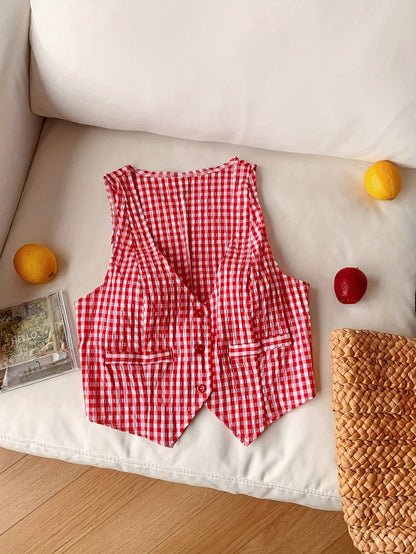 Women's Elegant Checked Vest in Vintage Style for Spring and Summer – Sleeveless, Short, Ideal for Everyday and Leisure Wear