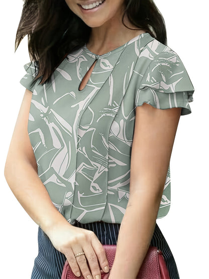Women's Elegant Blouse with Ruffled Sleeves and Keyhole Neckline – Perfect for Office & Casual Wear