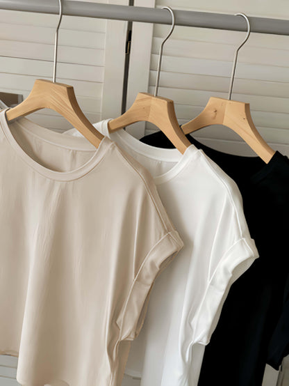 Women's Basic T-Shirt with Turn-Up Sleeves – Stylish Everyday Essential for Leisure and Office