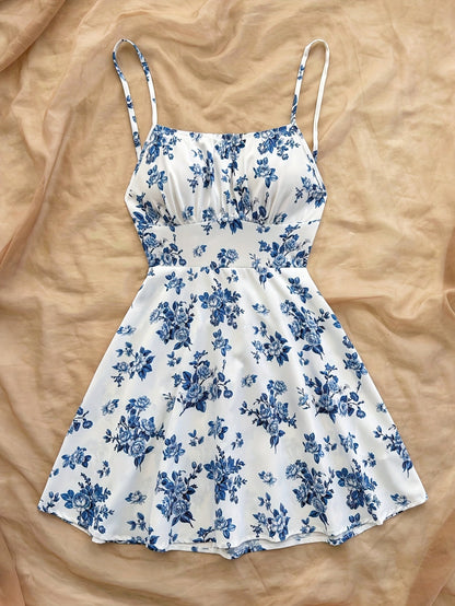 Women's Summer Dress Elegant with Floral Pattern and Spaghetti Straps – Perfect for Casual Wear and Garden Parties
