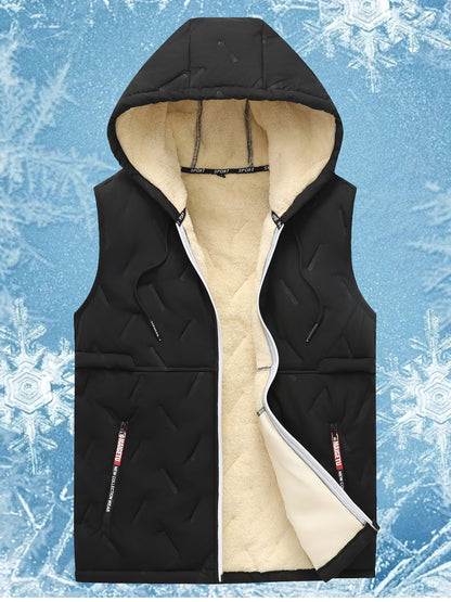 Padded men's vest in black with a hood and plush lining