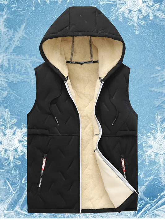 Padded men's vest in black with a hood and plush lining