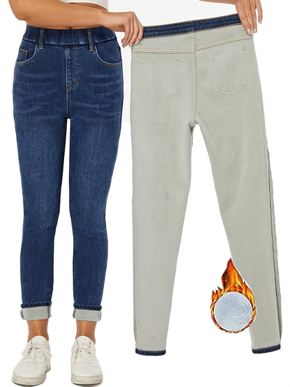 Lined women's skinny-fit jeans, dark blue stretch thermal jeans