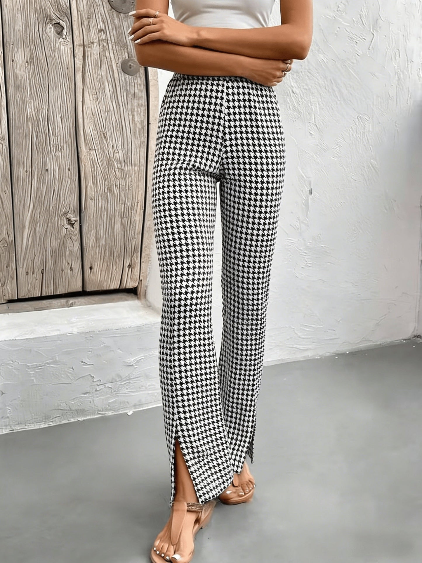 Women's Elegant Houndstooth Flared Pants with Slit – Perfect for Going Out and Everyday Wear