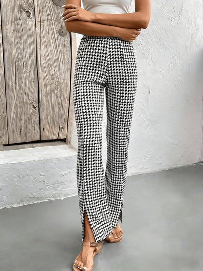 Women's Elegant Houndstooth Flared Pants with Slit – Perfect for Going Out and Everyday Wear