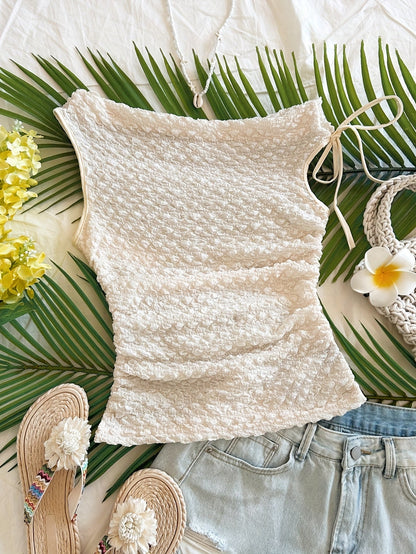 Women's summer top with texture and asymmetrical shoulder detail – Ideal for vacation and beach