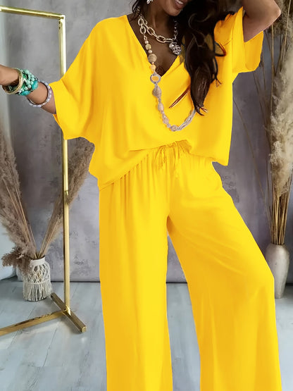 Women's Loose Lounge Pants & V-Neck Blouse Set – Elegant Casual Outfit for Everyday and Vacation