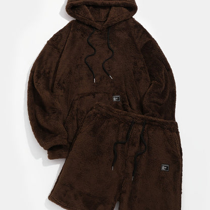 Plush hoodie and shorts set with bear ears, brown, cozy 2-piece outfit