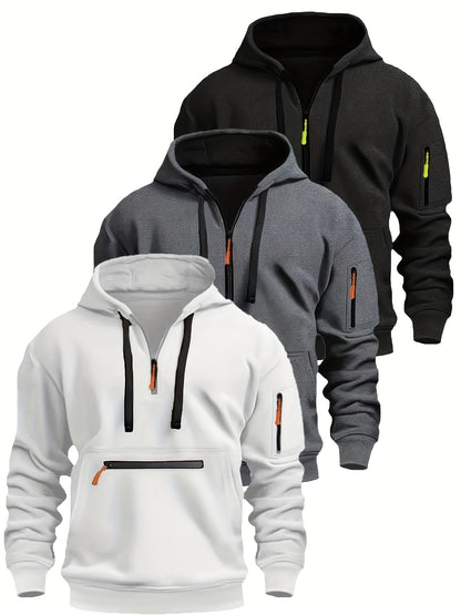 Men's hoodie with zipper and kangaroo pocket, drawstring, long sleeves