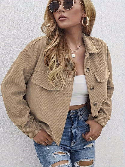 Damen Cordhemdjacke Beige mit Brusttaschen