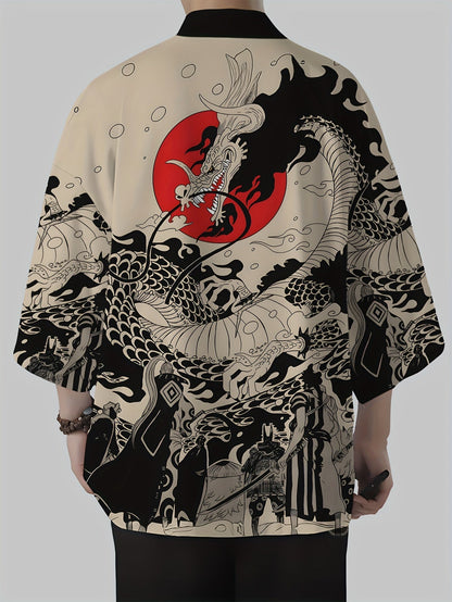 Men's Kimono Cardigan with Japanese Dragon Print – Streetwear Style, Open Jacket for Leisure and Everyday Wear