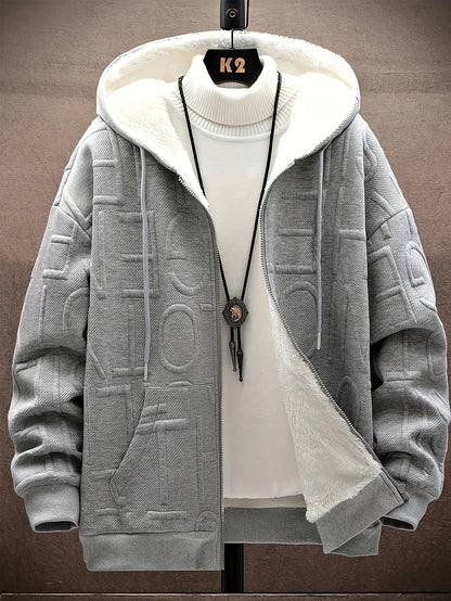 Unisex hooded jacket with fleece lining and raised lettering, zipper, kangaroo pockets, in black