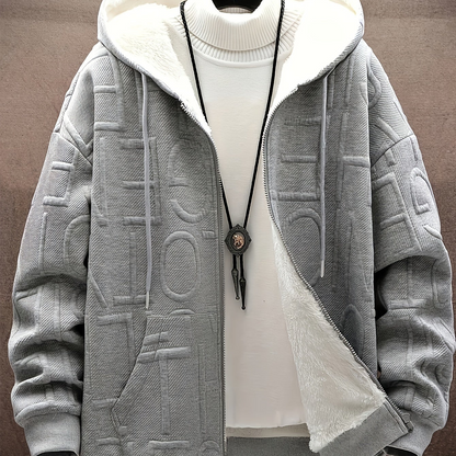 Unisex hooded jacket with fleece lining and raised lettering, zipper, kangaroo pockets, in black