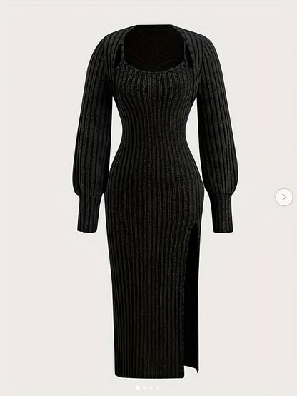 Women's ribbed spaghetti-strap dress and bolero knit set with side slit