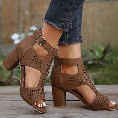Women's high heel sandals with block heel and cut-out design – fashionable casual shoes for any occasion