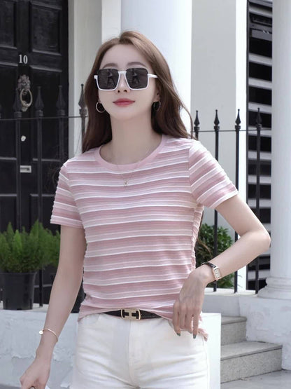 Women's Short-Sleeve Striped T-Shirt Casual Modern Basic Crew Neck