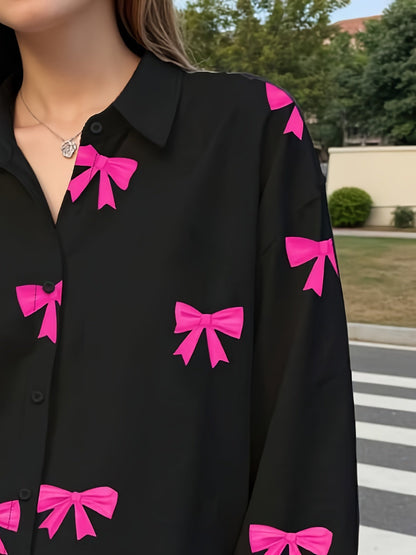 Damen Bluse Schwarz mit Pinken Schleifen-Muster Hemdbluse Locker Geschnitten