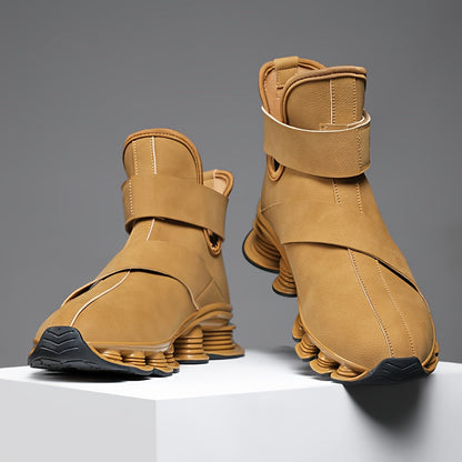Men's black high-top sneaker boots with a red sole, laces, and Velcro closure