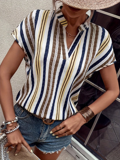 Women's summer blouse shirt with stripes and V-neck, elegant casual look