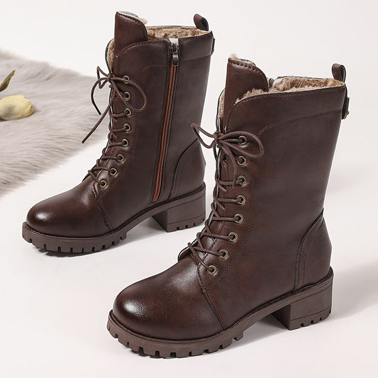 Women's brown lace-up boots with lining and lug soles