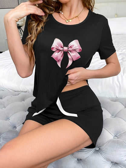 Women's pajama set with bow print, short sleeves, summer, loungewear, casual style