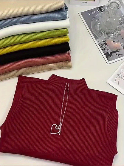 Women's Ribbed Half-Zip Mock Neck Fitted Sweater