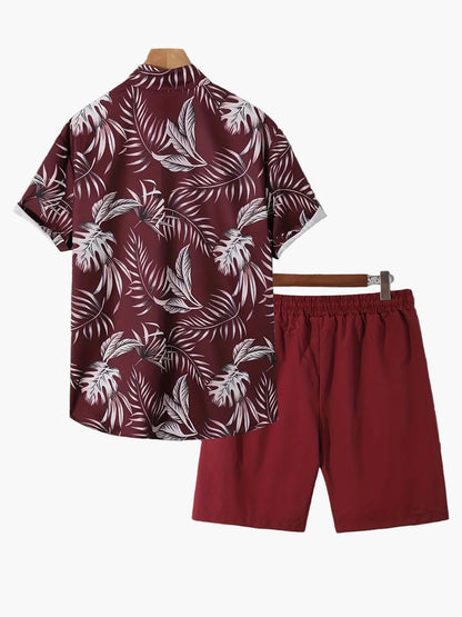 Men's Summer Set – Casual Short-Sleeve Shirt with Tropical Print and Shorts, Ideal for Vacation & Leisure