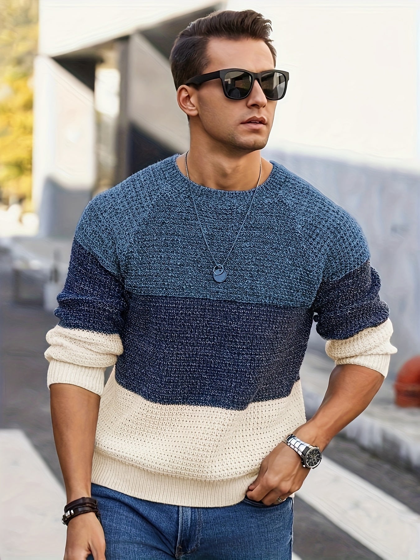 Herren Grobstrickpullover Rundhals Mehrfarbig Gestreift Langarm