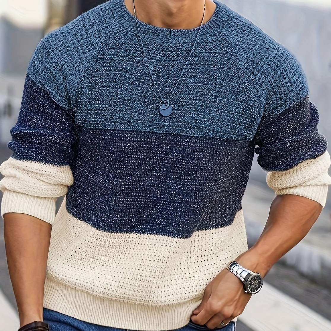 Herren Grobstrickpullover Rundhals Mehrfarbig Gestreift Langarm