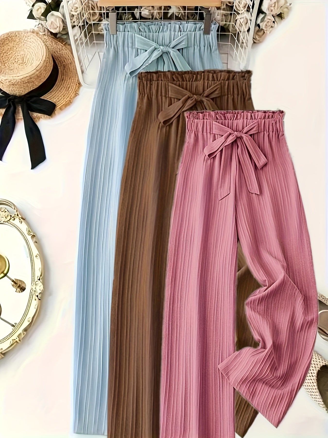 Women's Elegant Pleated Pants with Bow Waist, Wide Leg, Perfect for Spring and Summer, Casual and Office
