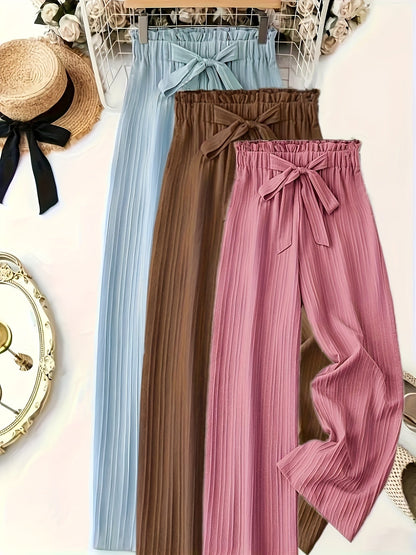 Women's Elegant Pleated Pants with Bow Waist, Wide Leg, Perfect for Spring and Summer, Casual and Office
