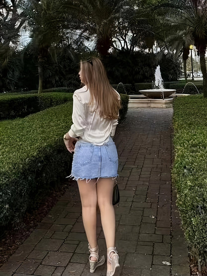 Women's Elegant Street Style Blouse Shirt and Denim Skirt Set – Fashionable Summer Look for Everyday and Leisure