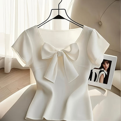 Women's blouse with bow and short sleeves – elegant style for office and special occasions