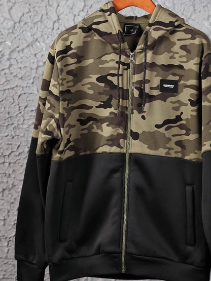 Men's camouflage tracksuit set, hooded jacket & pants, khaki green